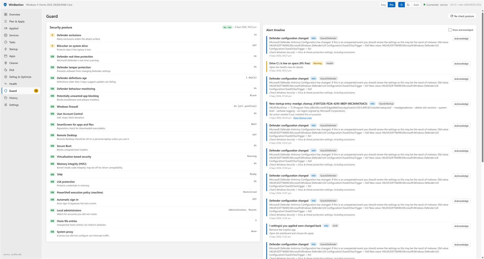 Guard view listing alerts with severity, source, recommendation and acknowledge buttons