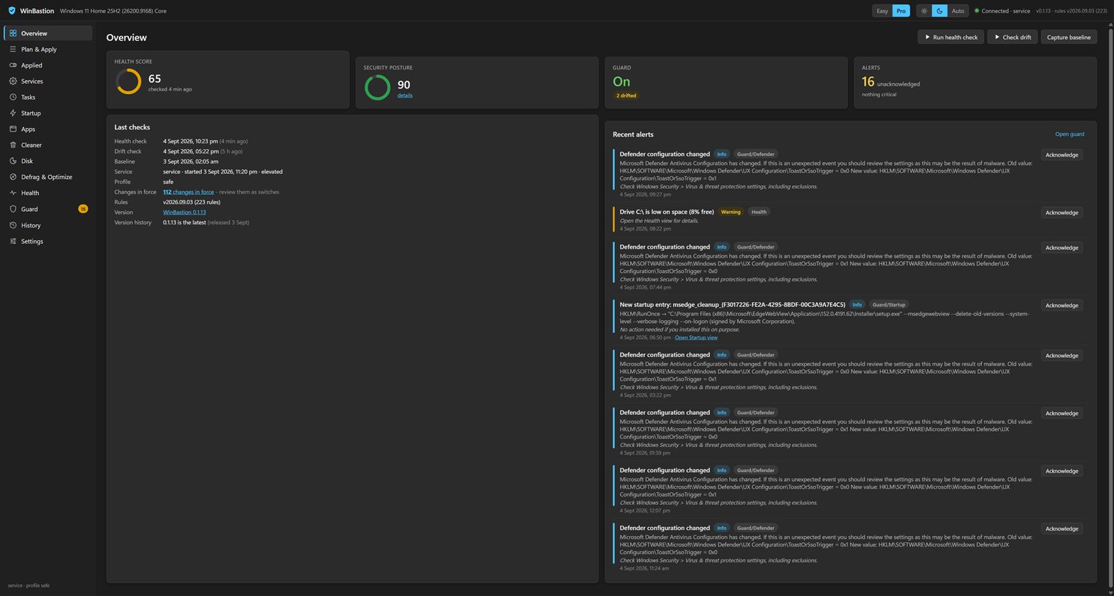 Pro mode in dark theme: full dashboard with health, posture, guard, alerts and every view in the rail