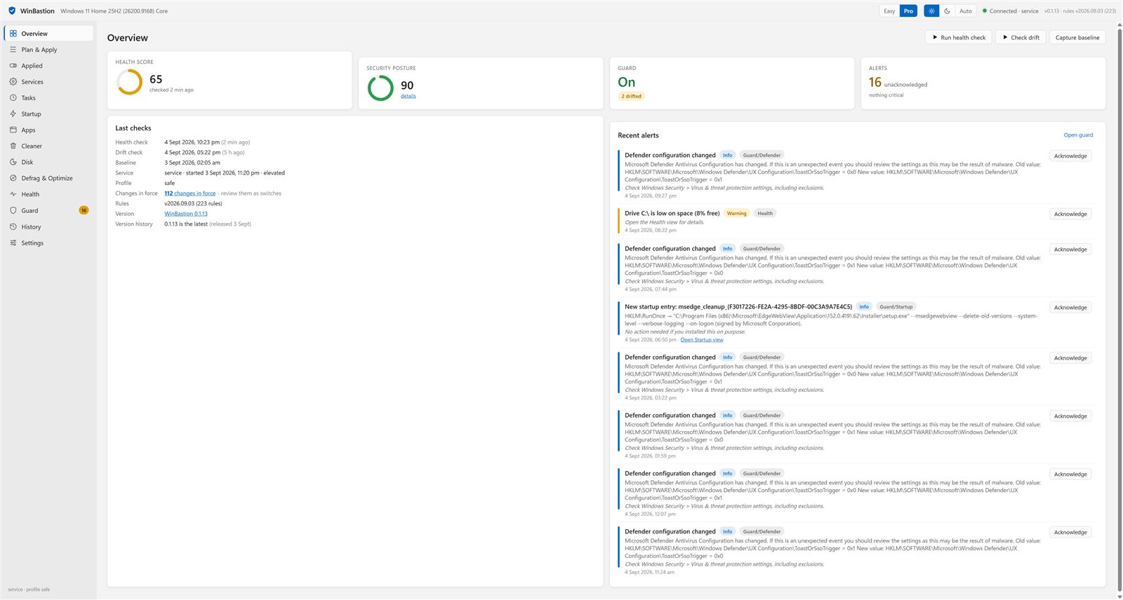 WinBastion Pro dashboard: health score, security posture, guard status and recent alerts