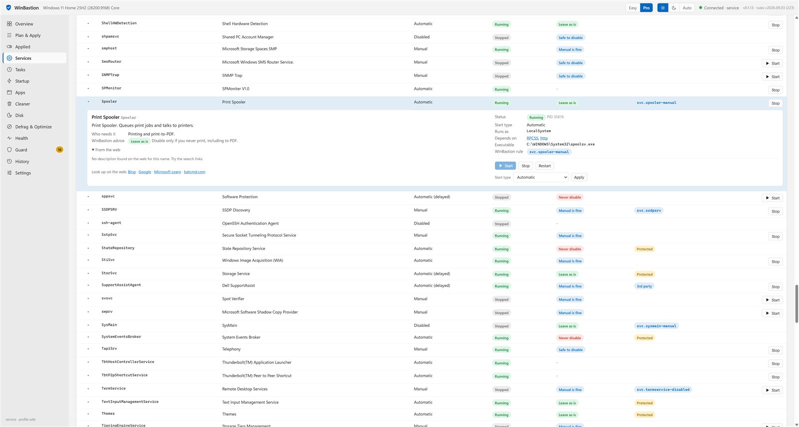 Services view with an expanded Print Spooler row showing the write-up, advice, properties and controls